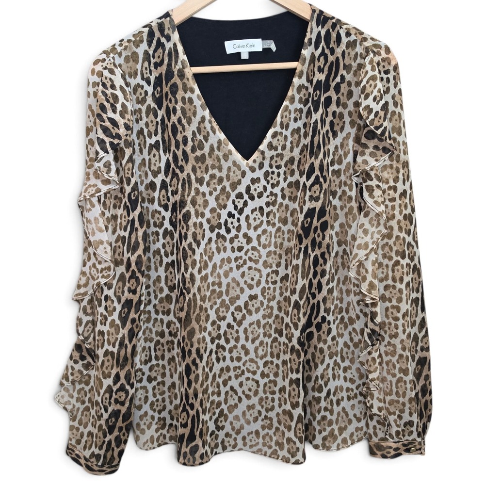 Calvin Klein Top Womens Medium Brown Animal Print V Neck Blouse Ruffle Ladies